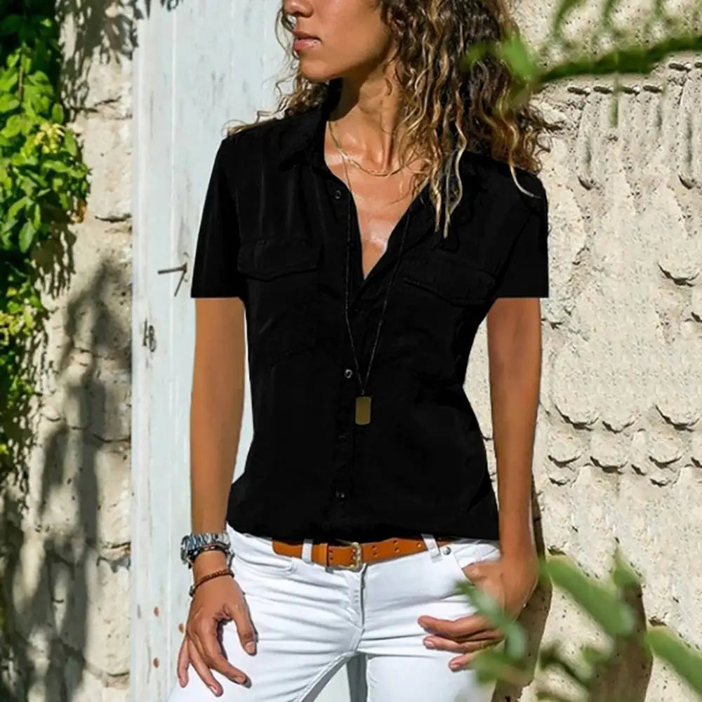Tailored women's short sleeve blouse with a crisp structured fit and functional button-down front with chest pockets.