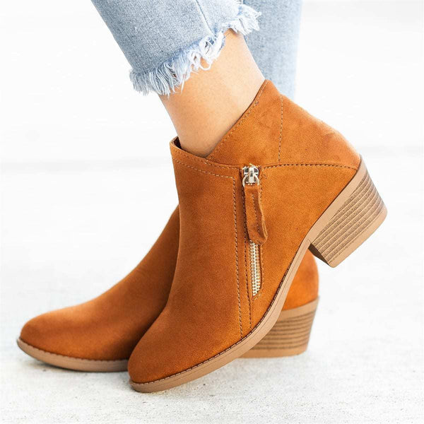 Women's stylish black suede ankle boots with side zipper, perfect for fall fashion