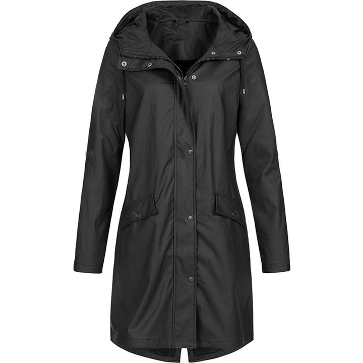 Women's stylish black waterproof long rain jacket with hood, ideal for weather protection.