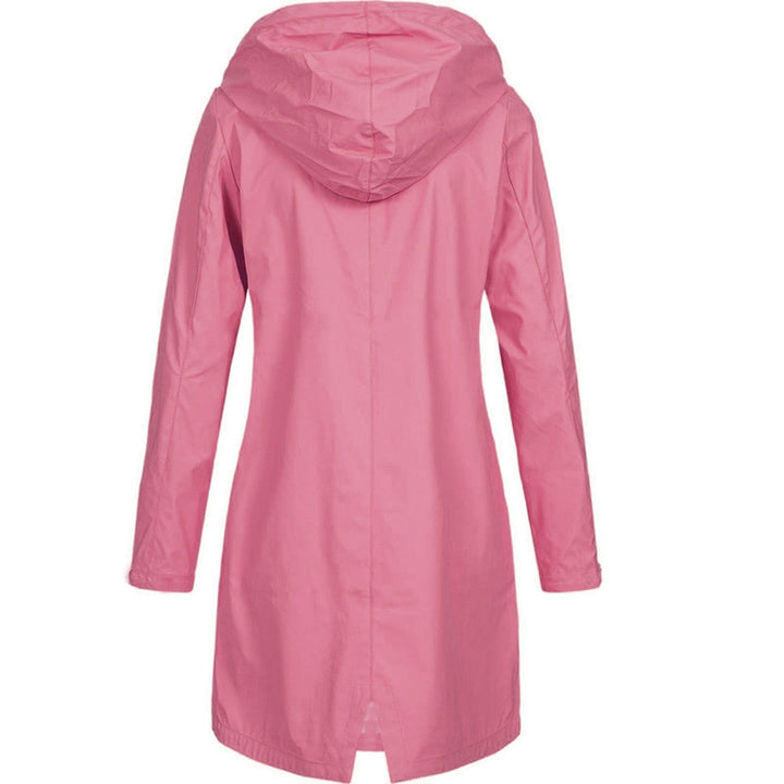 Fashionable women's long rain coat in navy, offering lightweight weather protection and style.