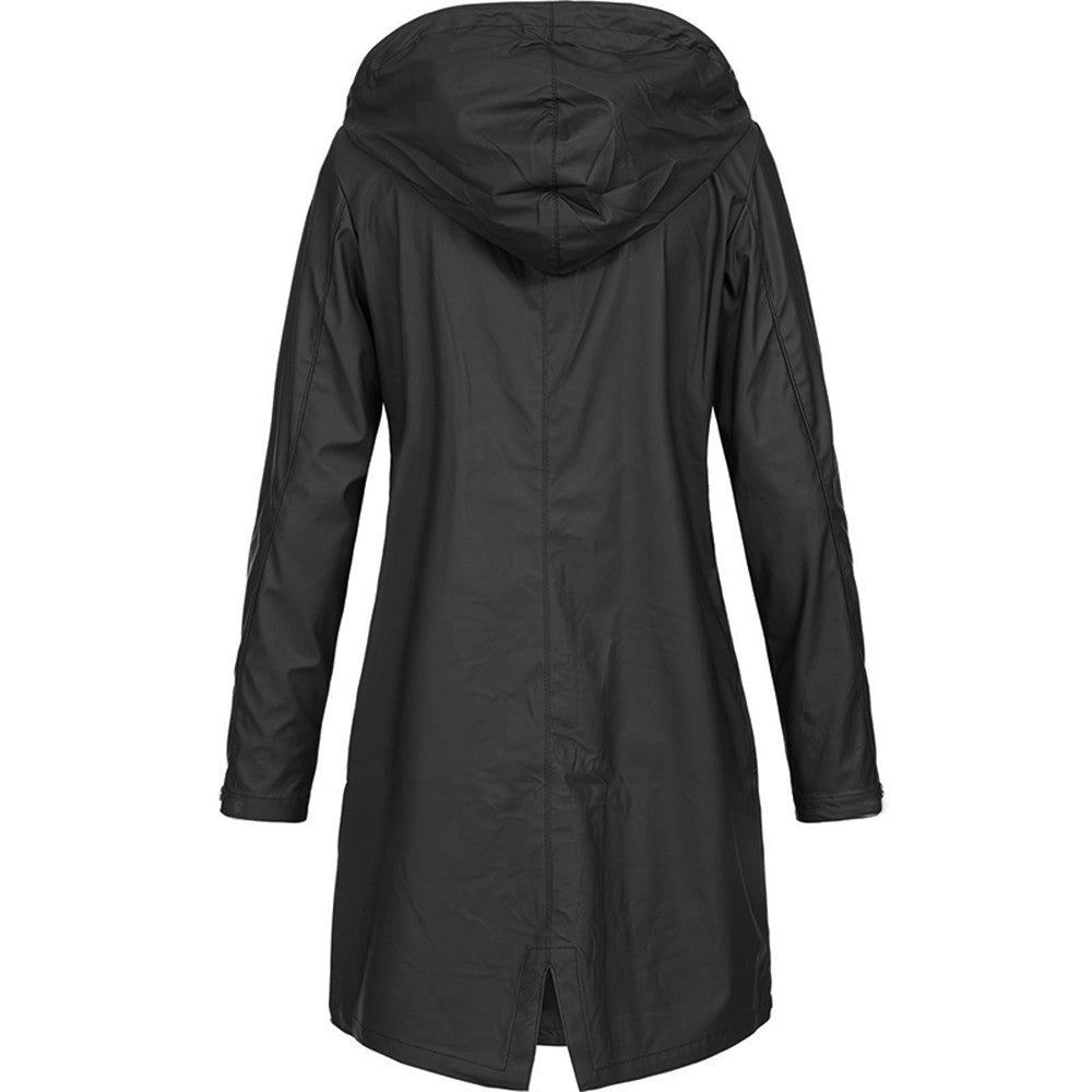 Stylish women's hooded rain jacket, waterproof and long, perfect for spring outerwear.