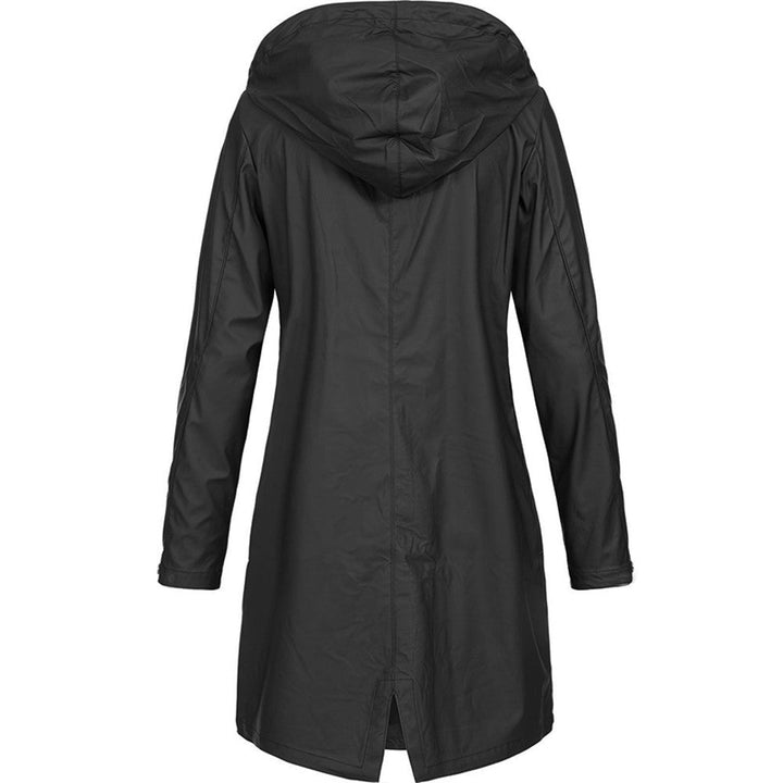 Stylish women's hooded rain jacket, waterproof and long, perfect for spring outerwear.