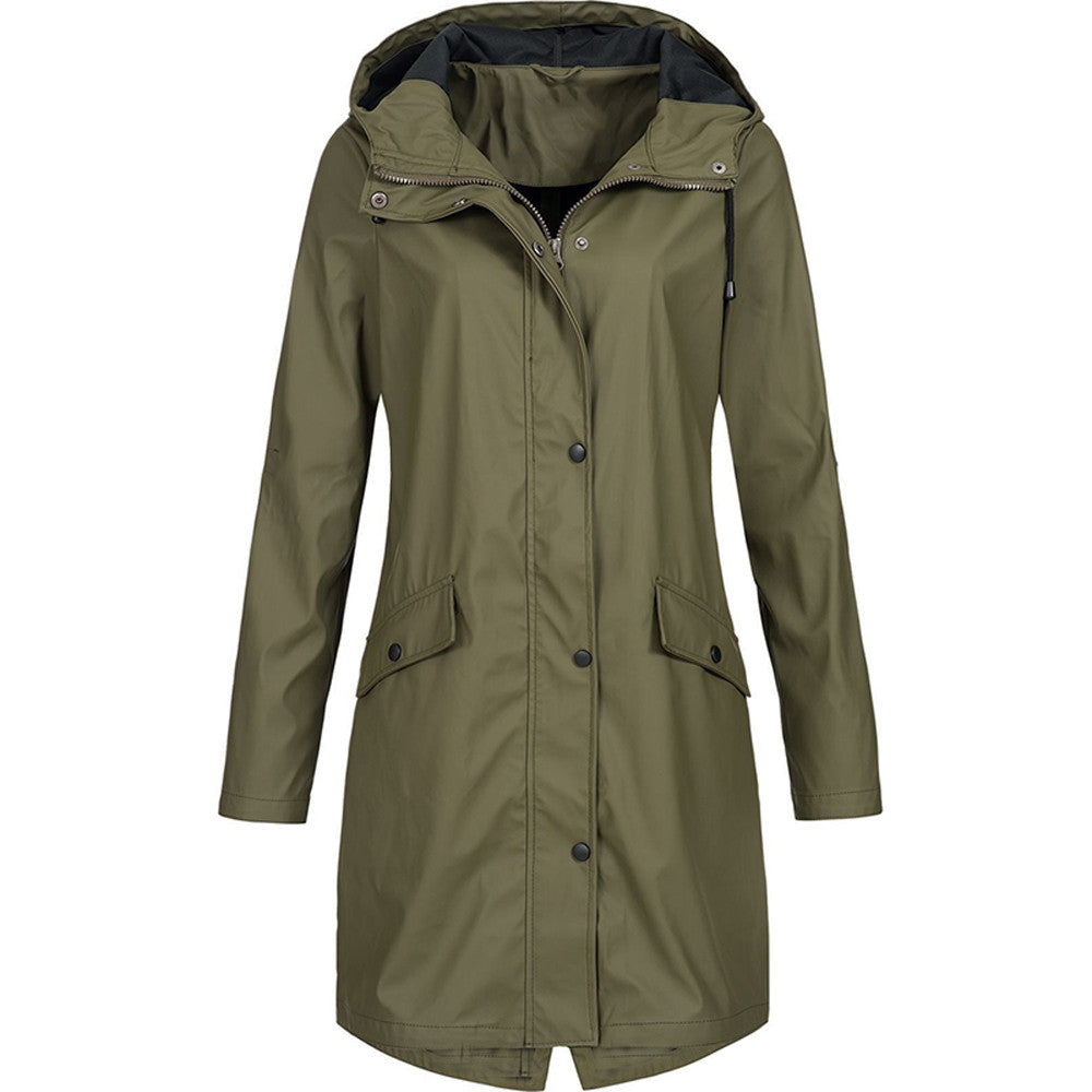 Women's elegant waterproof long jacket, providing effective rain protection and a sleek look.