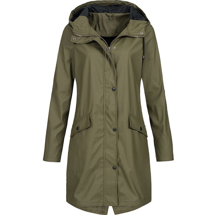 Women's elegant waterproof long jacket, providing effective rain protection and a sleek look.