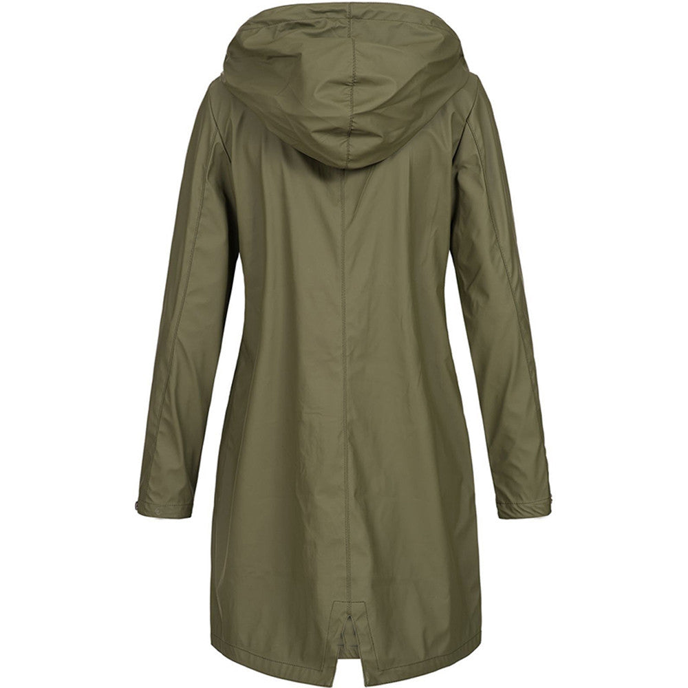 Lightweight women's rain jacket, long and hooded, in a vibrant red for outdoor style.