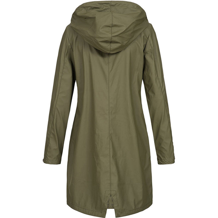 Lightweight women's rain jacket, long and hooded, in a vibrant red for outdoor style.