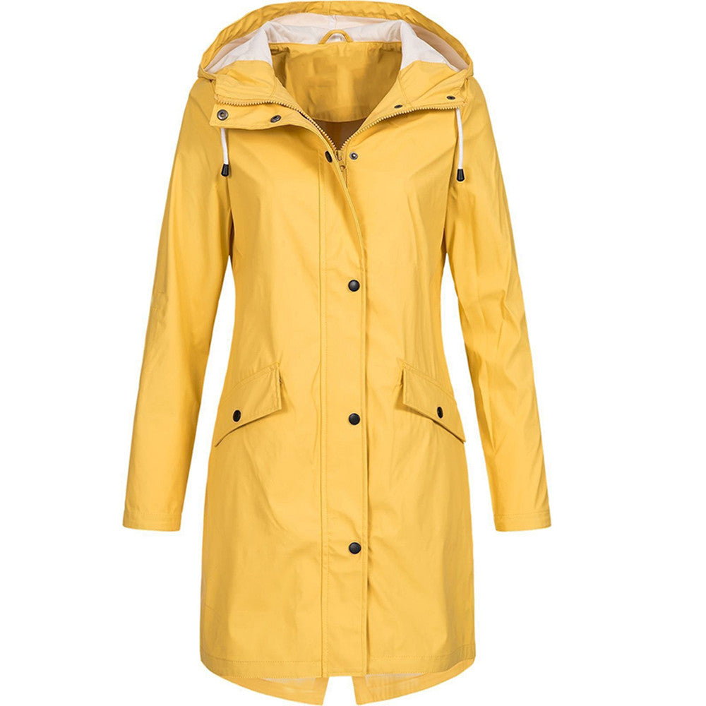 Women's contemporary long rain coat, waterproof and chic, designed for everyday wear.