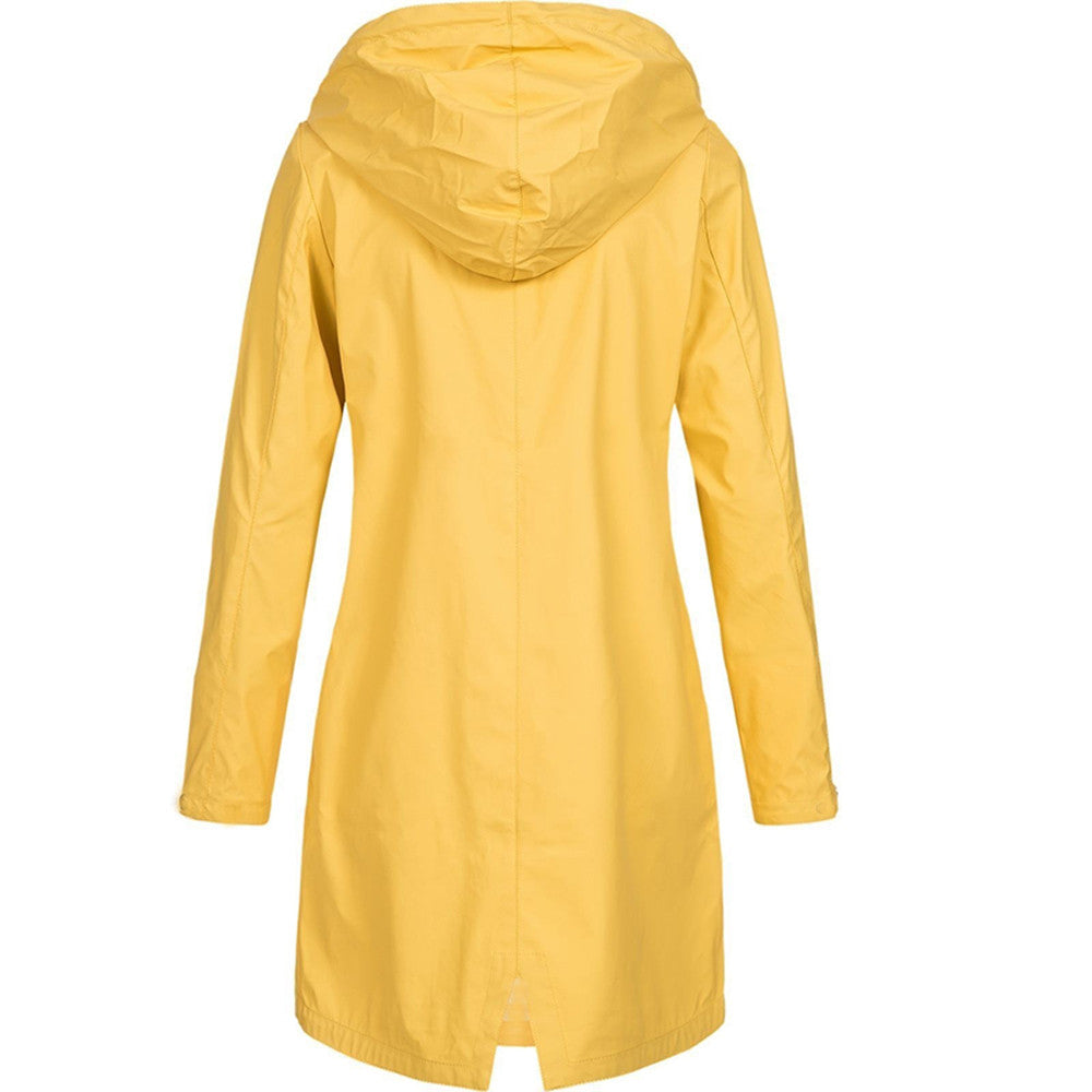 Practical women's waterproof jacket, long length and hooded, great for rainy spring days.