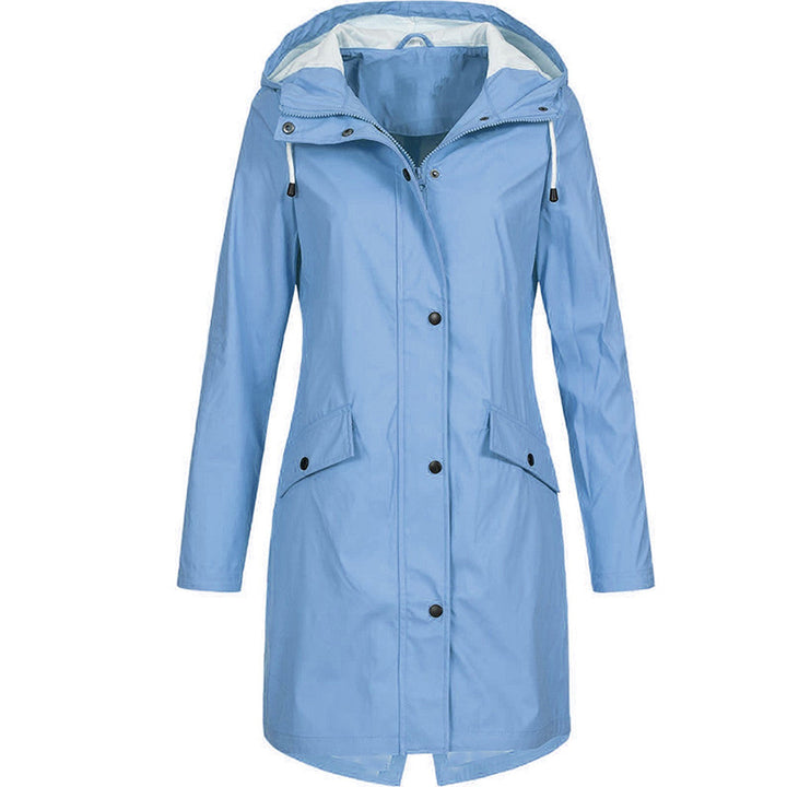Women's stylish long outerwear, a waterproof rain jacket ideal for all weather conditions.