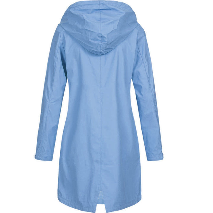 Trendy women's hooded long rain jacket, offering comfort and waterproof protection.