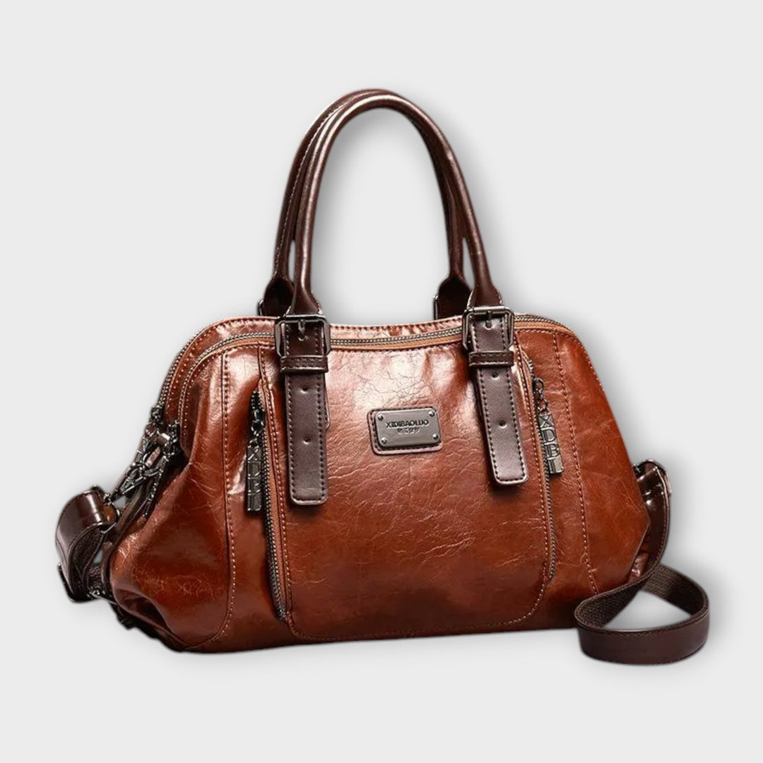 Women's stylish brown everyday shoulder bag, structured design with multi-compartment interior