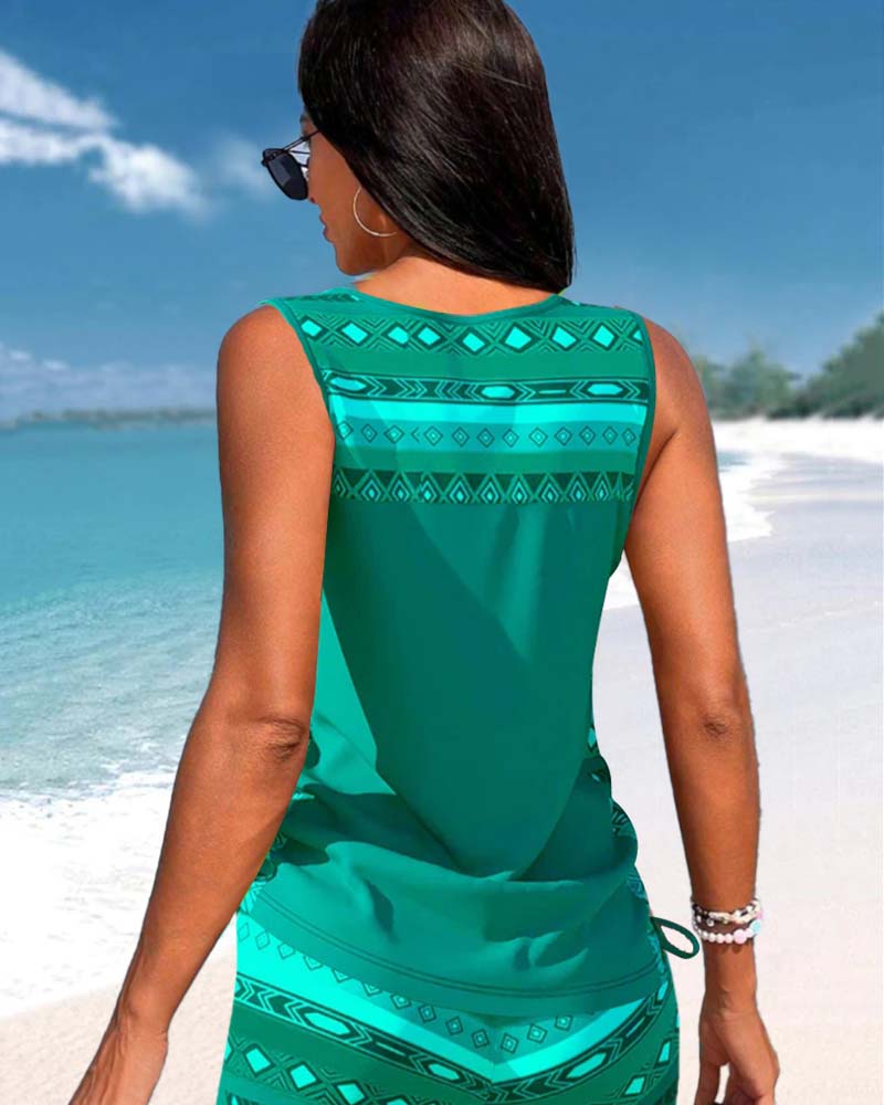 Elegant women's two-piece tankini with unique criss-cross neck design. Ideal resort wear & swimwear.