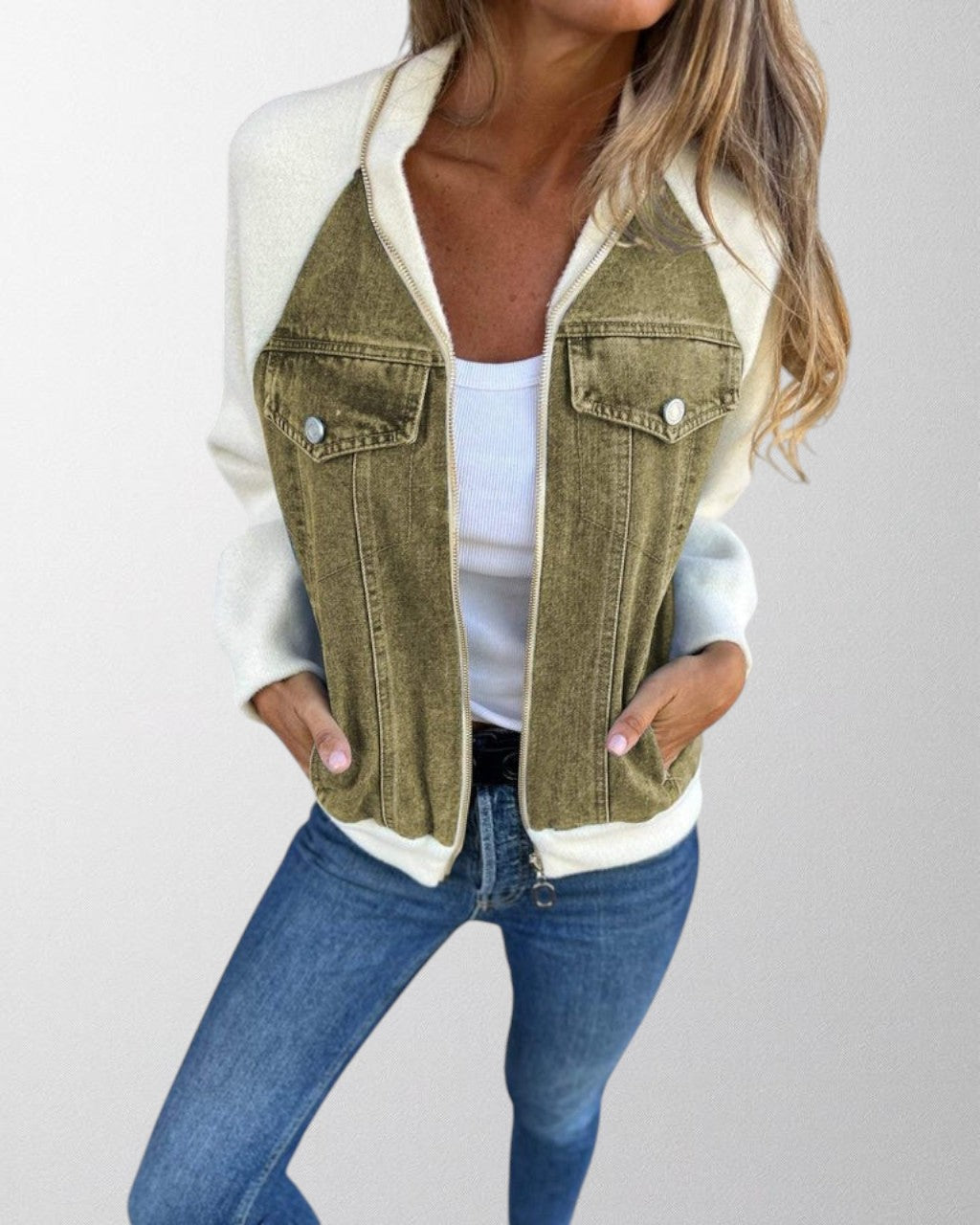 Back view of a women's modern denim jacket, emphasizing its versatile and comfortable design