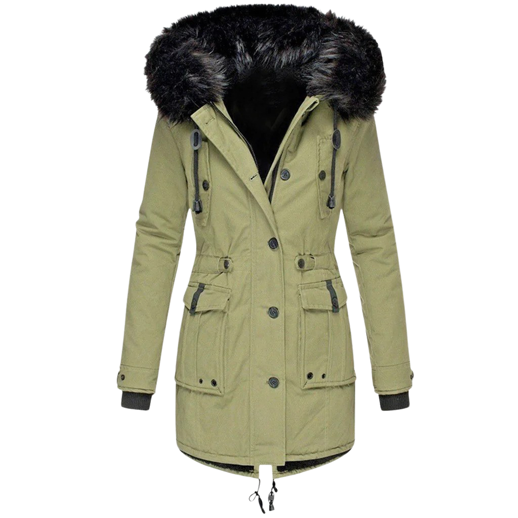 Women's stylish fitted hooded winter coat in blended fabric, perfect for cold weather fashion