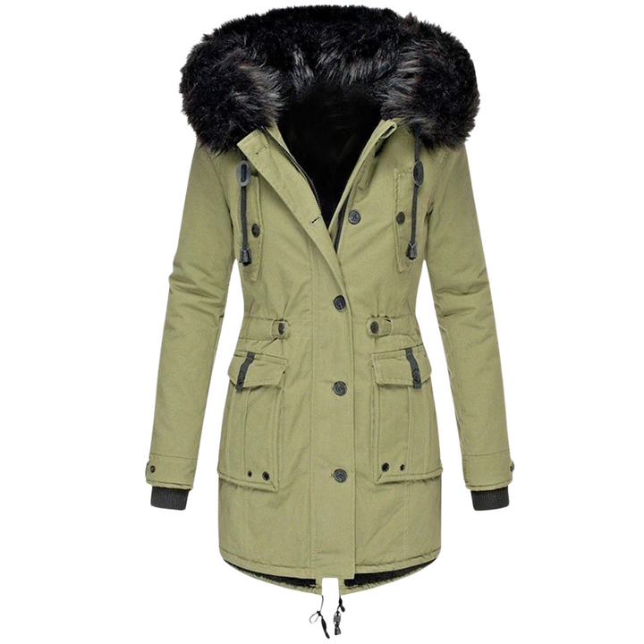 Women's stylish fitted hooded winter coat in blended fabric, perfect for cold weather fashion