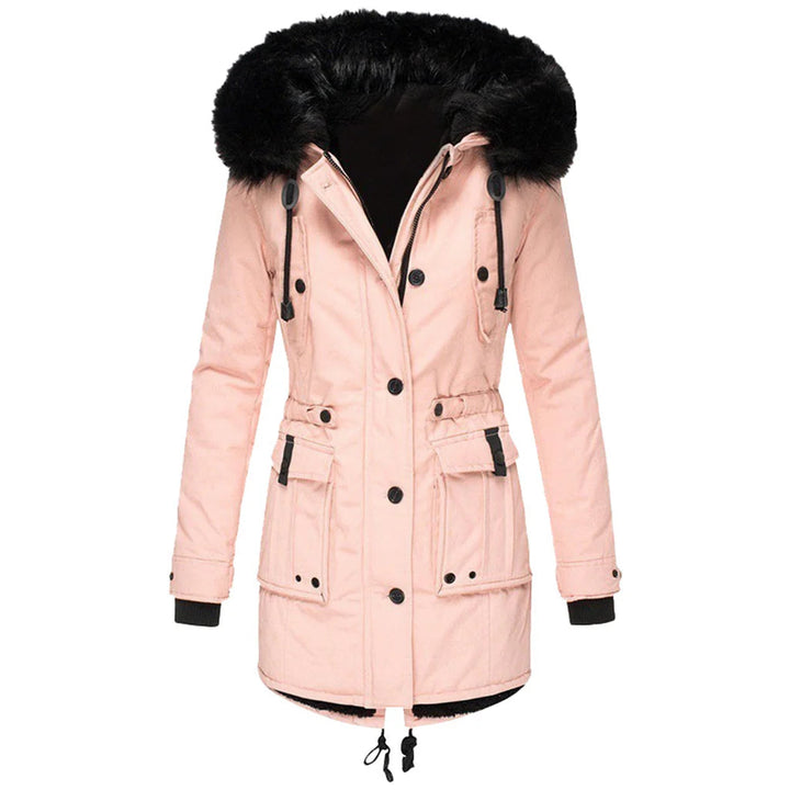 Fitted women's winter coat with hood, made from a comfortable blended fabric for warmth