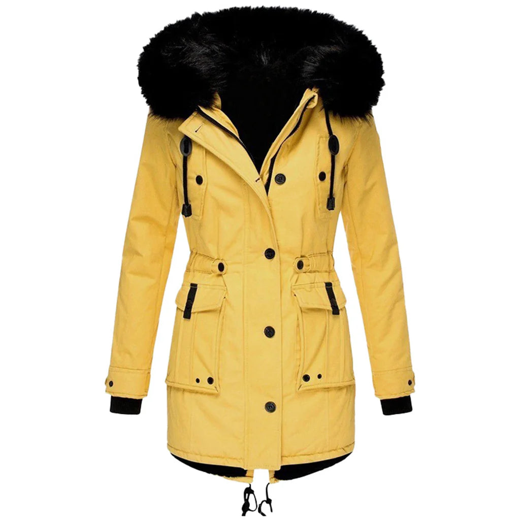 Elegant women's hooded jacket for winter, offering both style and warmth in cold weather