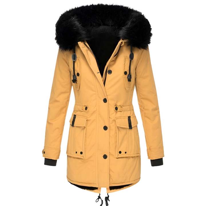 Close-up of a women's stylish hooded winter coat, highlighting the quality blended fabric and design