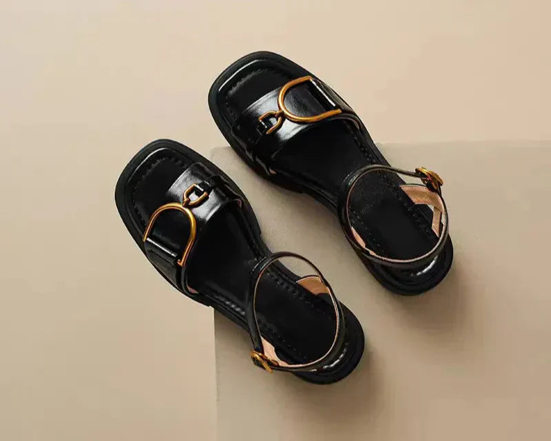 Women's stylish flat sandals with prominent buckle, square toe, ideal for summer casual wear