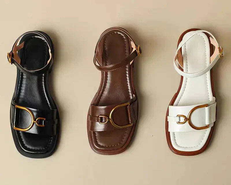 Casual women's flat sandals featuring a chic buckle design and modern square toe footwear