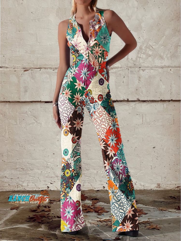 Women's stylish floral denim jumpsuit featuring a chic split leg design, ideal for casual spring & summer outfits.