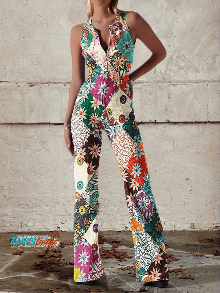 Women's stylish floral denim jumpsuit featuring a chic split leg design, ideal for casual spring & summer outfits.