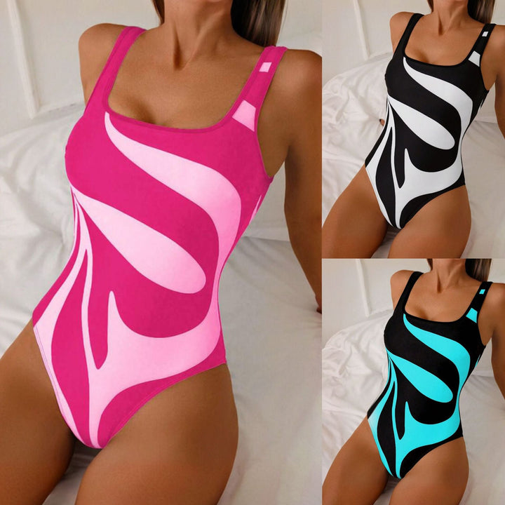 Women's stylish graphic one-piece swimsuit, perfect for summer beachwear & trendy poolside fashion.
