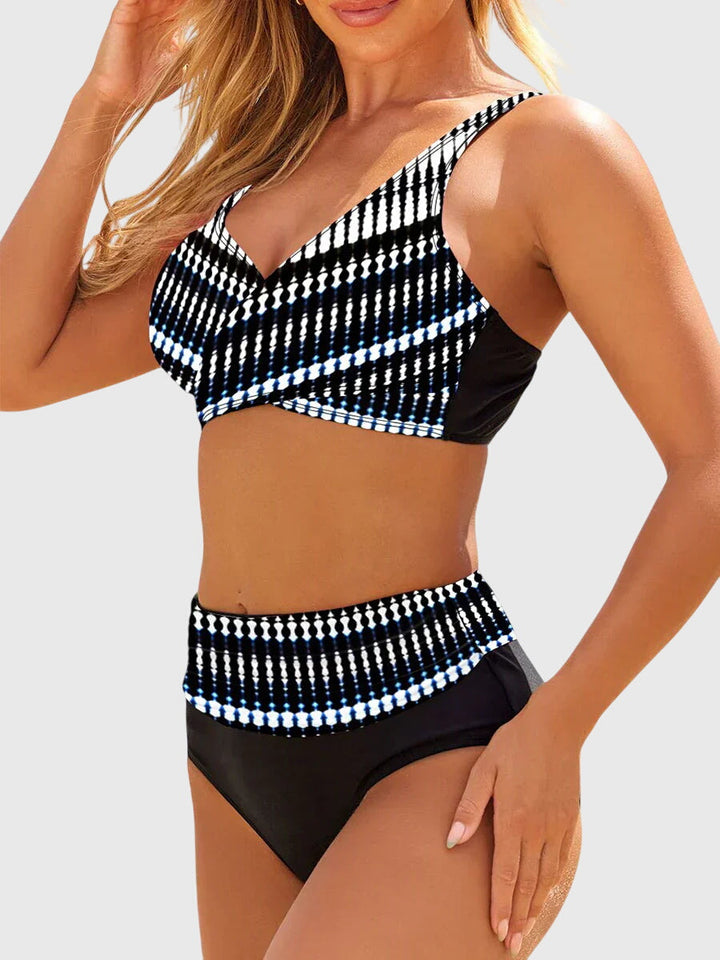 High-waist shaping bikini set for women, featuring a trendy geometric pattern, ideal for summer fashion.