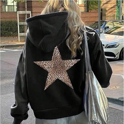 Women's stylish leopard star print hoodie, a chic and cozy long-sleeve pullover for ultimate comfort.
