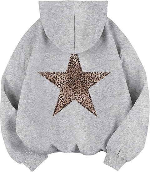 Fashionable women's leopard star hoodie, combining chic design with cozy comfort for a versatile look.