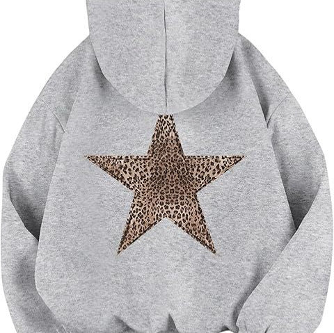 Chic women's hoodie with leopard print and star pattern, a cozy and stylish top for everyday wear.