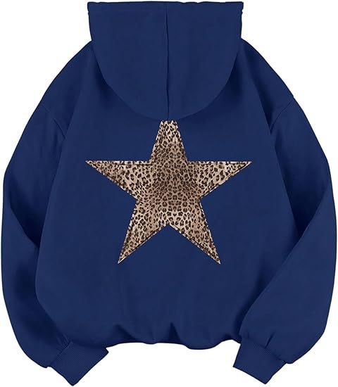 Women's leopard print star graphic hoodie, a chic long-sleeve pullover designed for cozy, stylish comfort.
