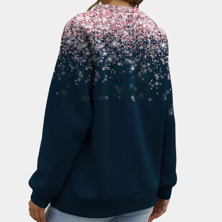 Stylish women's snowflake sweater, a cozy winter fashion essential & perfect holiday gift idea. Long sleeve top.