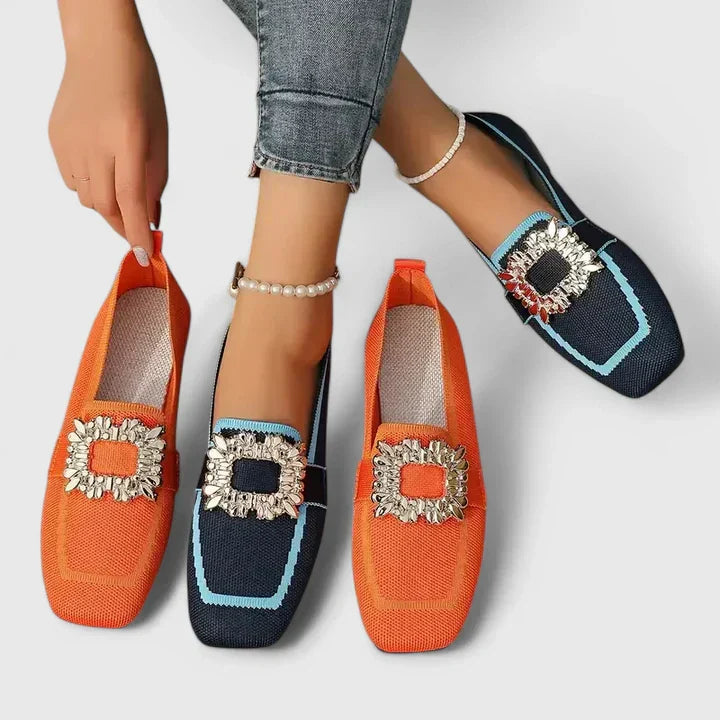 Close-up of embellished square-toe slip-on flats, perfect women's spring footwear