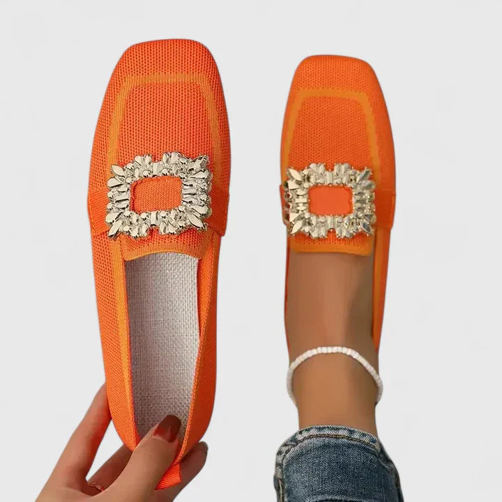 Elegant women's square-toe embellished flats, ideal slip-on footwear for spring outfits