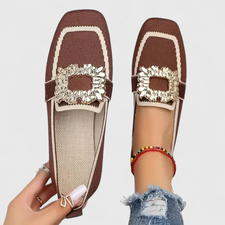 Stylish women's slip-on flats with a unique square-toe and intricate embellishments