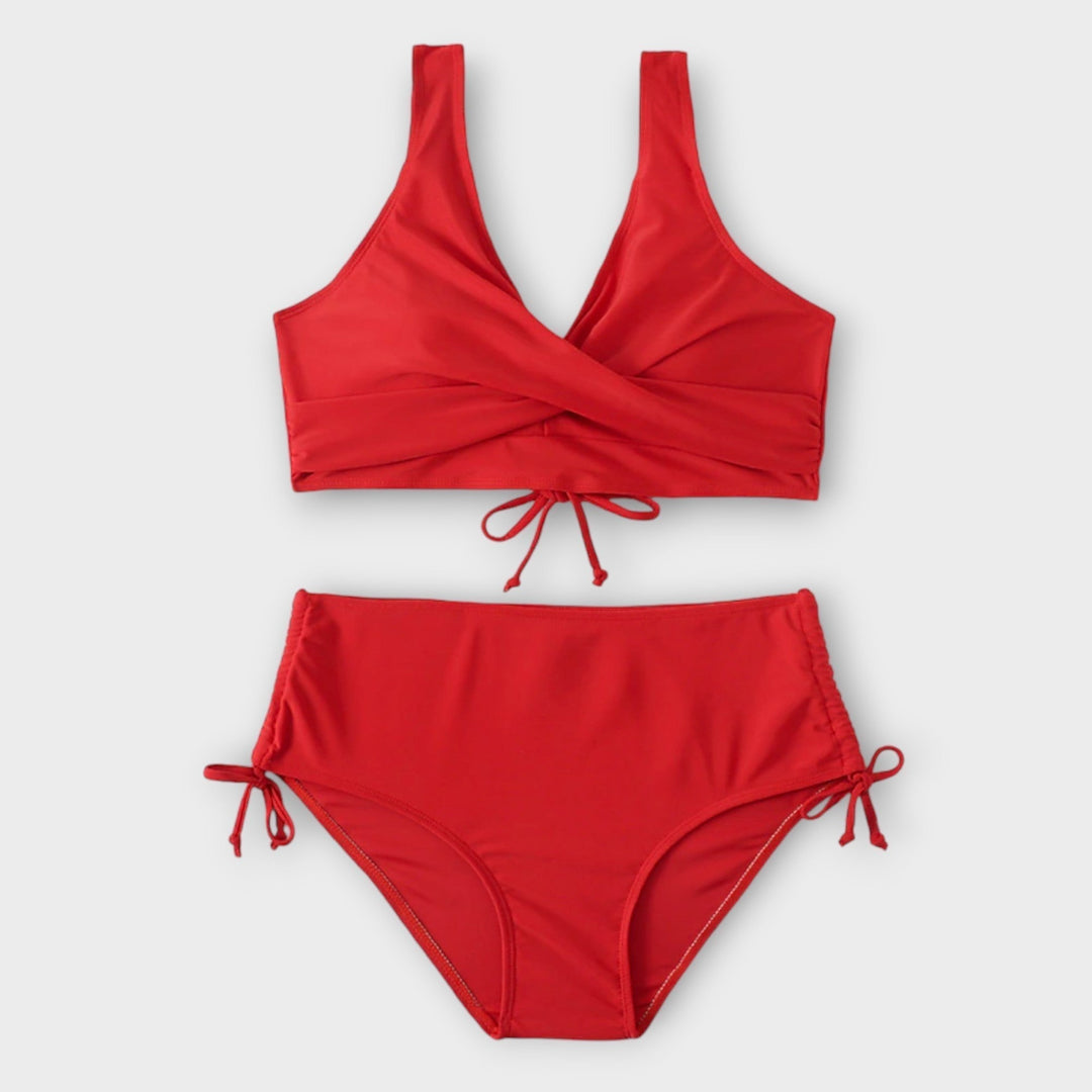 Vacation-ready women's two-piece bikini swimsuit with a chic v-neck and comfortable mid-rise fit