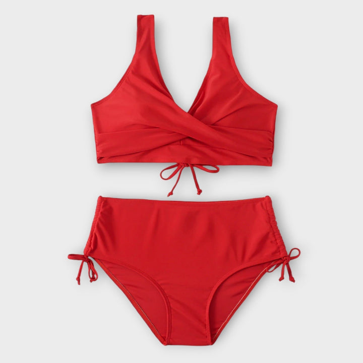 Vacation-ready women's two-piece bikini swimsuit with a chic v-neck and comfortable mid-rise fit