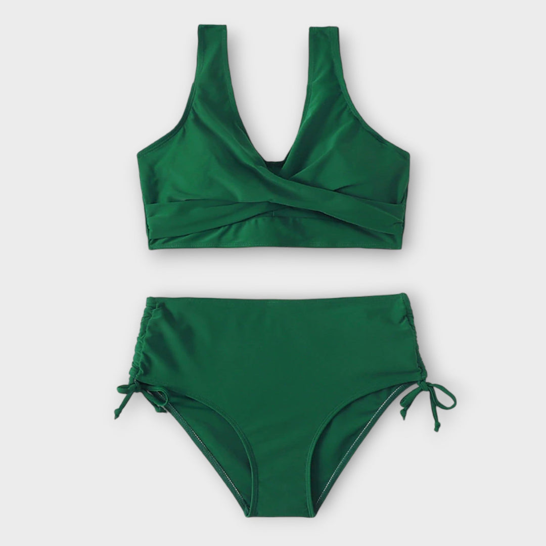 Summer essential: Women's stylish two-piece bikini set, V-neck top, mid-rise bottom, perfect beachwear