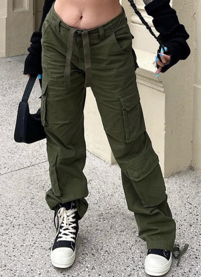 Trendy women's wide leg cargo pants. Features practical utility pockets, high waist & a comfortable relaxed fit.