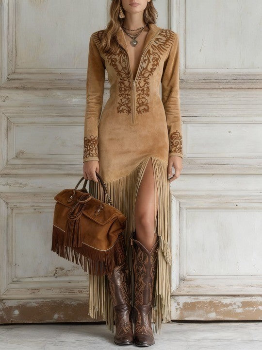 Sleeveless casual maxi dress for women, in soft suede with stylish fringe detailing.