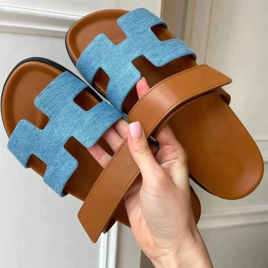 Close-up of the adjustable strap detail on a women's comfortable summer sandal.