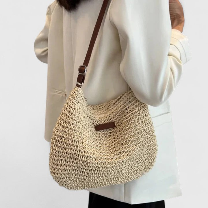 Close-up of a women's casual summerbag, showcasing the intricate woven pattern detail.