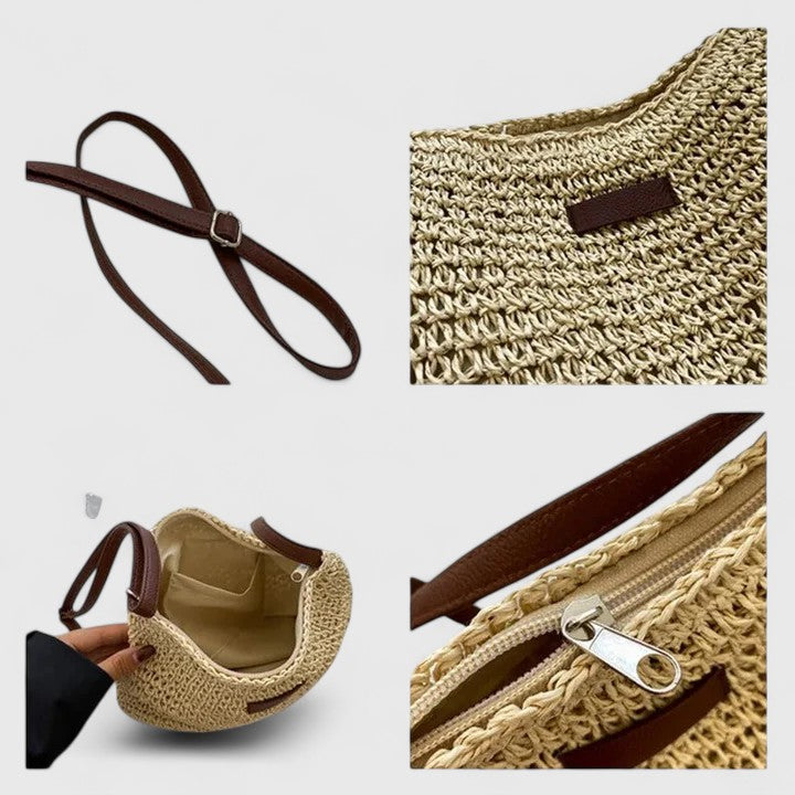 Side view of a women's woven summer shoulder bag with ample storage, relaxed fit.