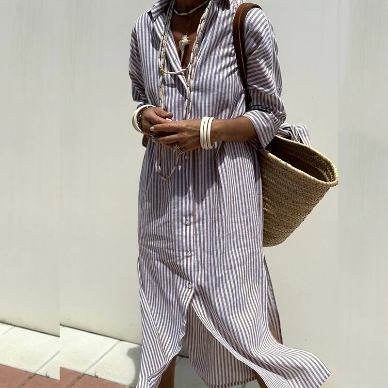 Lightweight Women's Summer Shirt Dress. Relaxed fit midi style with button-down front, perfect for comfortable casual wear.