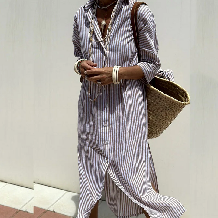 Lightweight Women's Summer Shirt Dress. Relaxed fit midi style with button-down front, perfect for comfortable casual wear.