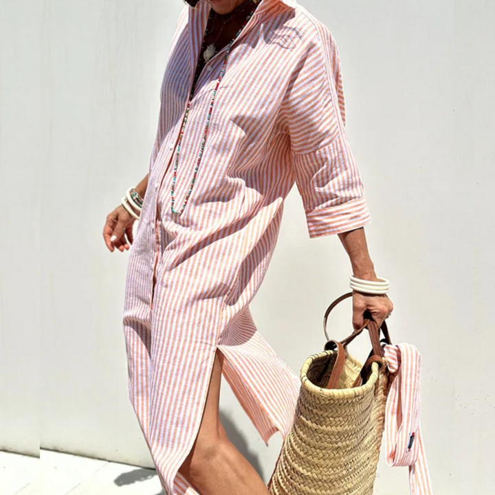 Elegant Women's Summer Midi Shirt Dress. Relaxed fit for versatile styling, great as a lightweight day dress or vacation outfit.