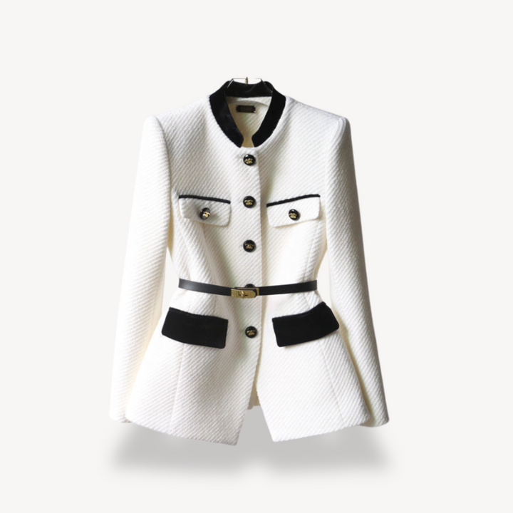 Professional women's belted blazer with button details, an elegant winter fashion statement