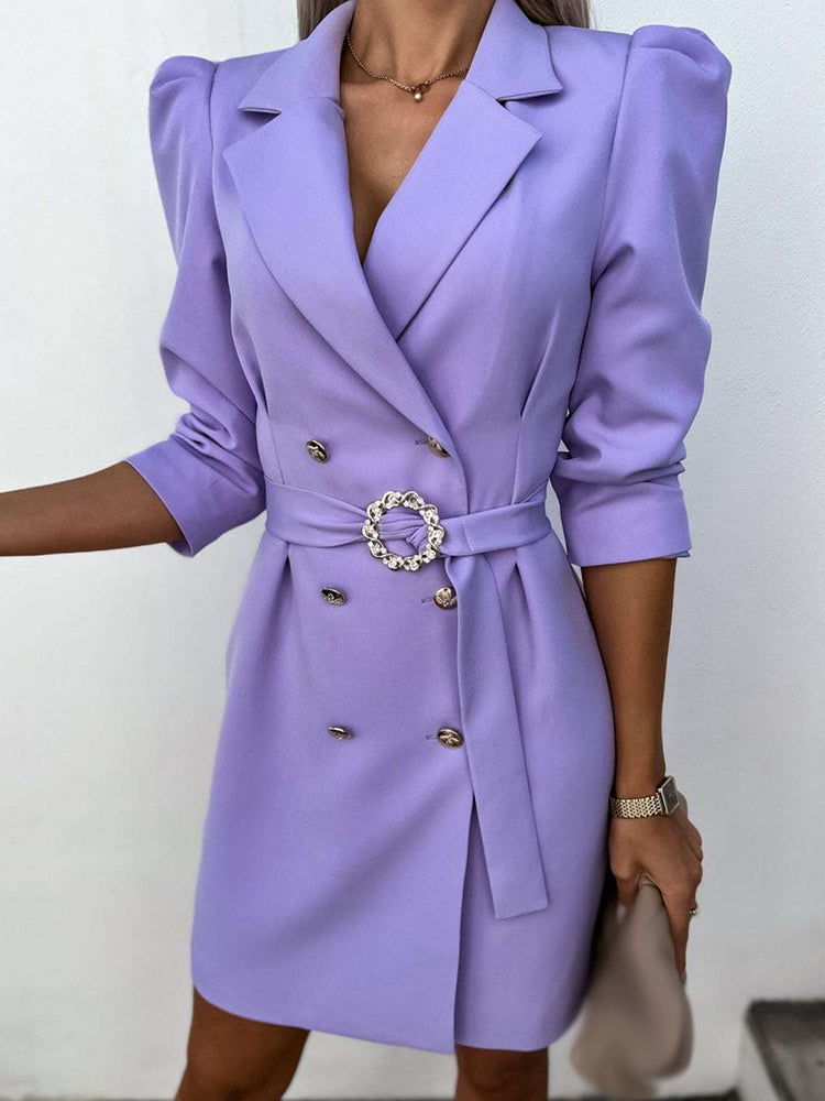 Chic women's long-sleeve double-breasted blazer dress, featuring a tailored silhouette & elegant belt. Formal & stylish.