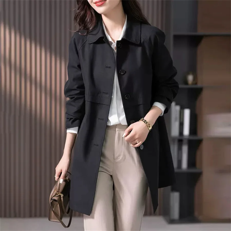 Classic women's tailored mid-thigh trench coat, a versatile and stylish jacket for sophisticated autumn and spring looks.